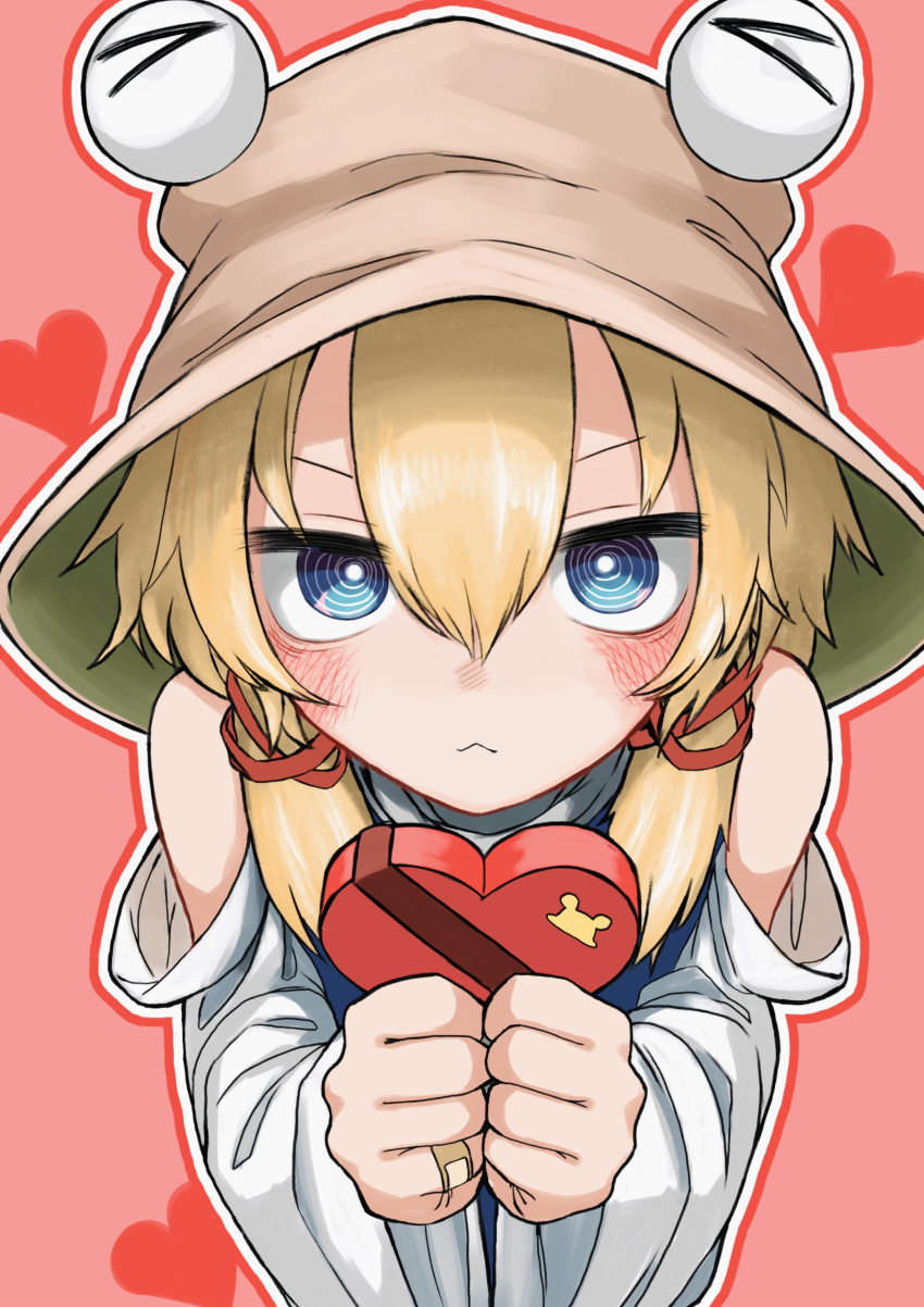 1girl absurdres bandaid blonde_hair blue_eyes blush box brown_hat closed_mouth detached_sleeves gift gift_box hair_between_eyes hair_ribbon hat heart heart-shaped_box highres holding holding_gift medium_hair moriya_suwako neritch pink_background purple_vest red_ribbon ribbon ringed_eyes shirt simple_background solo touhou tress_ribbon vest white_shirt white_sleeves wide_sleeves