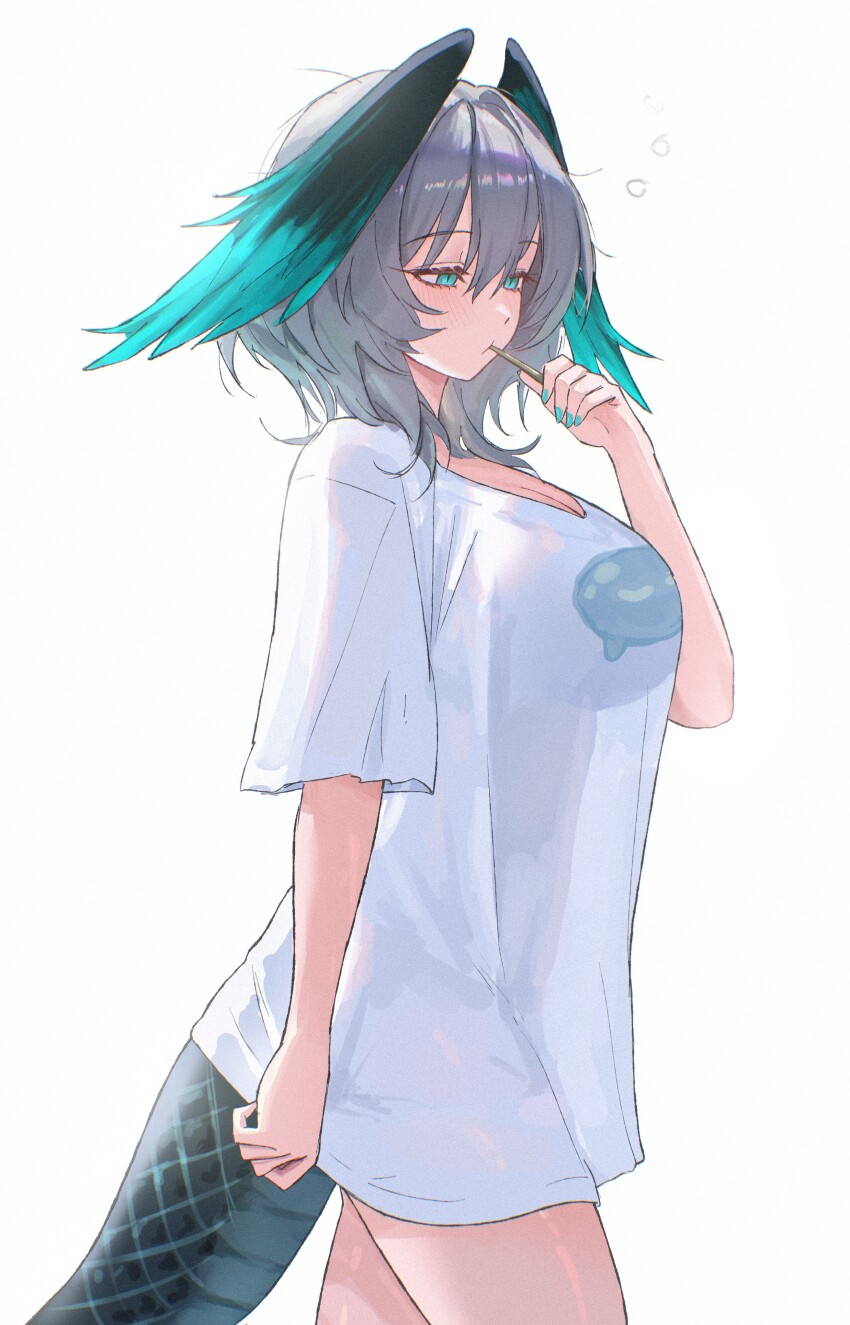 1girl absurdres alternate_costume aqua_feathers aqua_nails aqua_wings arknights breasts feathered_wings head_wings highres ho&#039;olheyak_(arknights) large_breasts long_tail simple_background snake_girl snake_tail solo tail two-tone_feathers two-tone_wings uof white_background wings