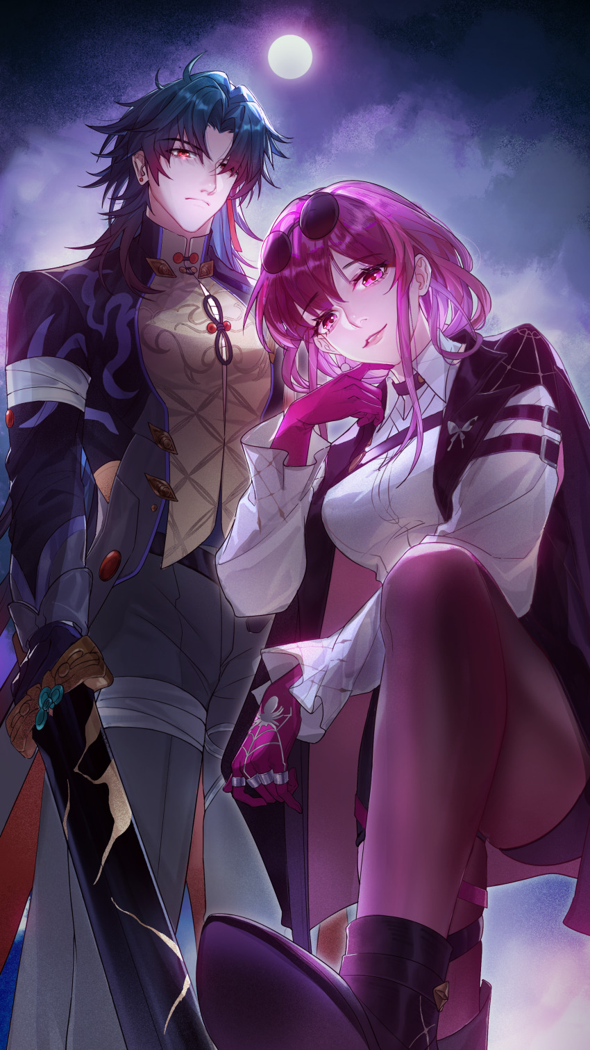 1boy 1girl absurdres black_hair black_jacket black_pants black_shorts blade_(honkai:_star_rail) blue_hair breasts brown_pantyhose chinese_clothes closed_mouth earrings eyewear_on_head full_moon gloves hair_between_eyes hair_over_one_eye highres holding holding_sword holding_weapon honkai:_star_rail honkai_(series) jacket jewelry kafka_(honkai:_star_rail) long_hair long_sleeves looking_at_viewer medium_breasts moon multicolored_hair pants pantyhose pink_eyes pink_gloves pink_hair red_eyes red_hair round_eyewear shenjudongmandabanban shorts smile sunglasses sword weapon