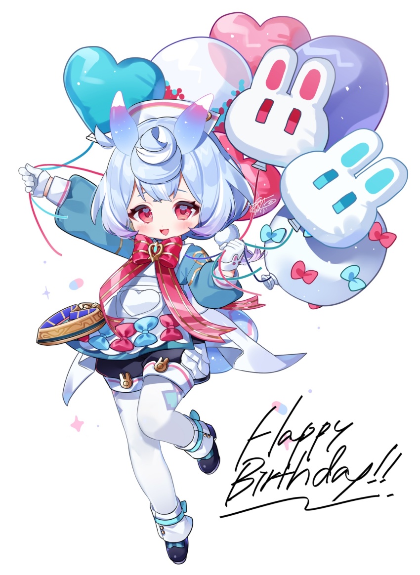 1girl :d animal_ears apron aqua_shirt arm_up artist_name balloon black_shoes black_shorts blue_bow blue_hair blush bow bowtie brooch commentary_request crossed_bangs genshin_impact gloves gradient_hair hair_between_eyes hair_ornament hand_up happy_birthday hat heart heart_balloon heart_in_eye highres holding holding_balloon jewelry leg_up long_sleeves looking_at_viewer low_twintails meda_cha medium_hair multicolored_hair nurse_cap open_mouth pantyhose pill pom_pom_(clothes) pom_pom_hair_ornament puffy_long_sleeves puffy_shorts puffy_sleeves purple_hair red_bow red_bowtie red_eyes red_ribbon ribbon shirt shoes shorts sidelocks sigewinne_(genshin_impact) signature simple_background smile solo sparkle symbol_in_eye tail twintails white_apron white_background white_gloves white_hat white_pantyhose