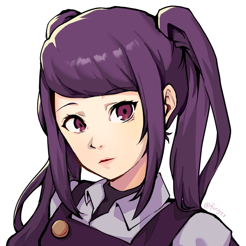 1girl artist_name finger051206 highres jill_stingray long_hair looking_at_viewer parody persona persona_3 persona_3_reload purple_eyes purple_hair purple_vest shirt sidelocks simple_background soejima_shigenori_(style) solo style_parody swept_bangs twintails va-11_hall-a vest white_background white_shirt