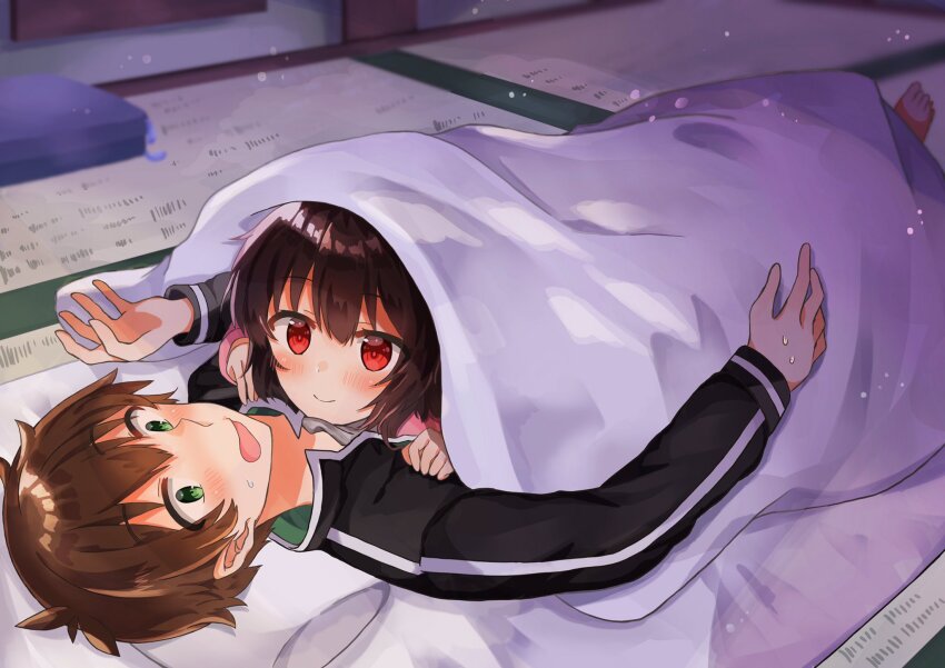 1boy 1girl black_jacket black_sleeves blanket blush brown_hair commentary cowlick cuddling dilated_pupils feet futon girl_on_top green_eyes grey_shirt hand_on_another&#039;s_chest head_on_chest highres jacket kono_subarashii_sekai_ni_shukufuku_wo! long_sleeves looking_at_another lying lying_on_person megumin on_back on_bed on_person on_stomach open_clothes open_hand open_jacket open_mouth pillow pink_sleeves raised_eyebrows red_eyes satou_kazuma shared_blanket shirt short_hair small_sweatdrop smile sweat symbol-only_commentary tatami under_covers very_short_hair yuno_(suke_yuno)