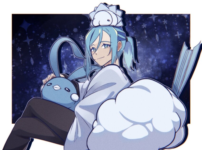 1boy altaria aqua_eyes aqua_hair blanket border closed_mouth commentary_request crossed_legs gen_3_pokemon gen_8_pokemon grusha_(pokemon) highres long_sleeves looking_to_the_side male_focus mocacoffee_1001 nintendo on_head outside_border pants pokemon pokemon_(creature) pokemon_on_head pokemon_sv signature smile snom white_border