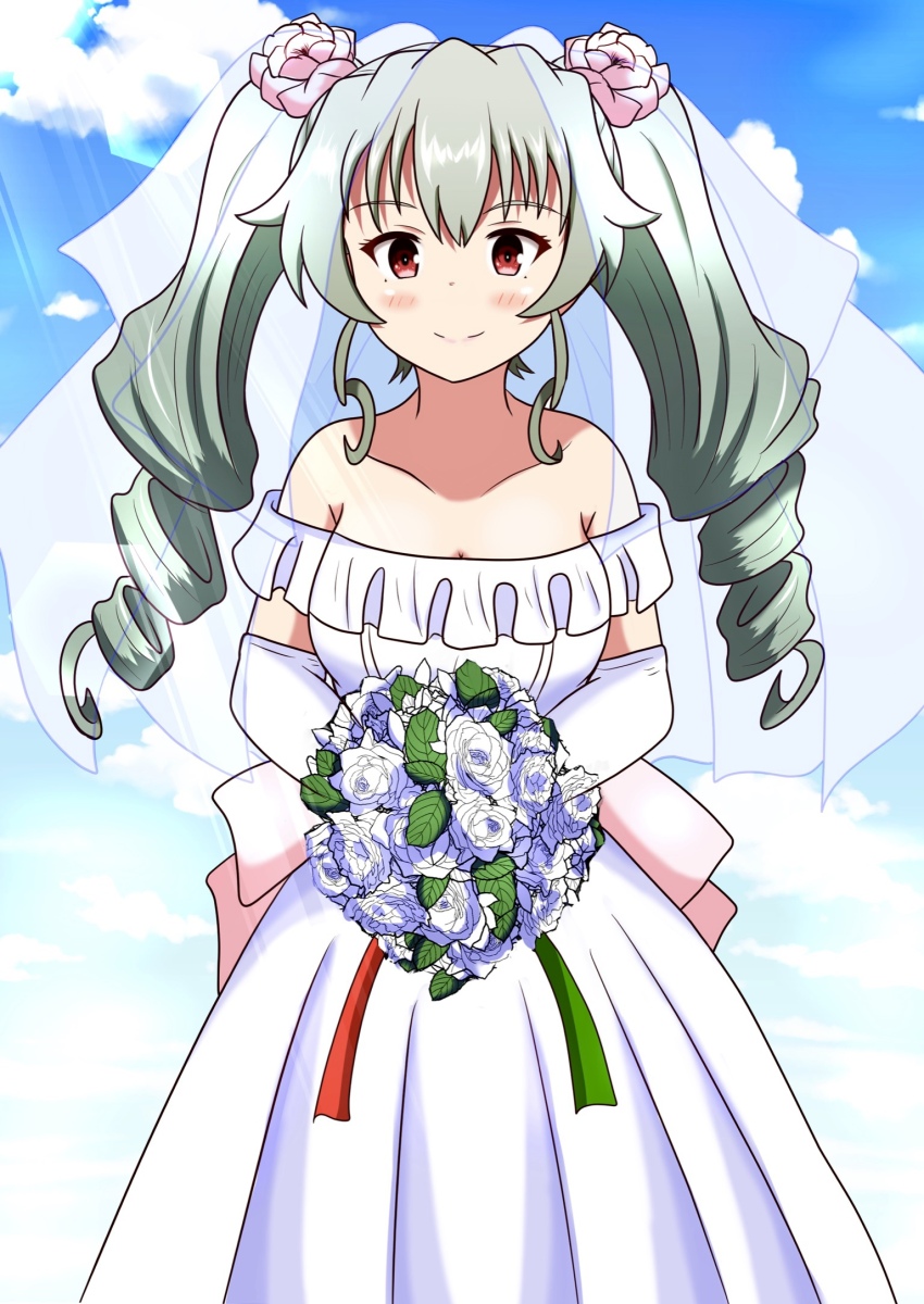 1girl anchovy_(girls_und_panzer) back_bow bare_shoulders blue_sky bouquet bow bridal_veil closed_mouth cloud cloudy_sky cowboy_shot day dress drill_hair elbow_gloves flower girls_und_panzer gloves green_hair hair_flower hair_ornament highres holding holding_bouquet large_bow long_hair looking_at_viewer meiya off-shoulder_dress off_shoulder outdoors pink_bow pink_flower pink_rose red_eyes rose sky smile solo standing twin_drills twintails veil wedding_dress white_gloves