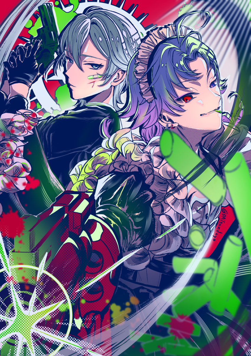 18trip 2boys antenna_hair arm_up bandaid black_gloves black_jacket blood blood_on_face blood_splatter daysandayo earrings firing frilled_sleeves frills gloves gradient_hair grey_eyes grey_hair gun hachinoya_nagi hair_between_eyes handgun heterochromia highres holding holding_gun holding_weapon jacket jewelry long_sleeves looking_at_viewer machine_gun maid_headdress male_focus medium_hair multicolored_hair multiple_boys parted_bangs purple_hair red_eyes smile weapon yowa_netaro