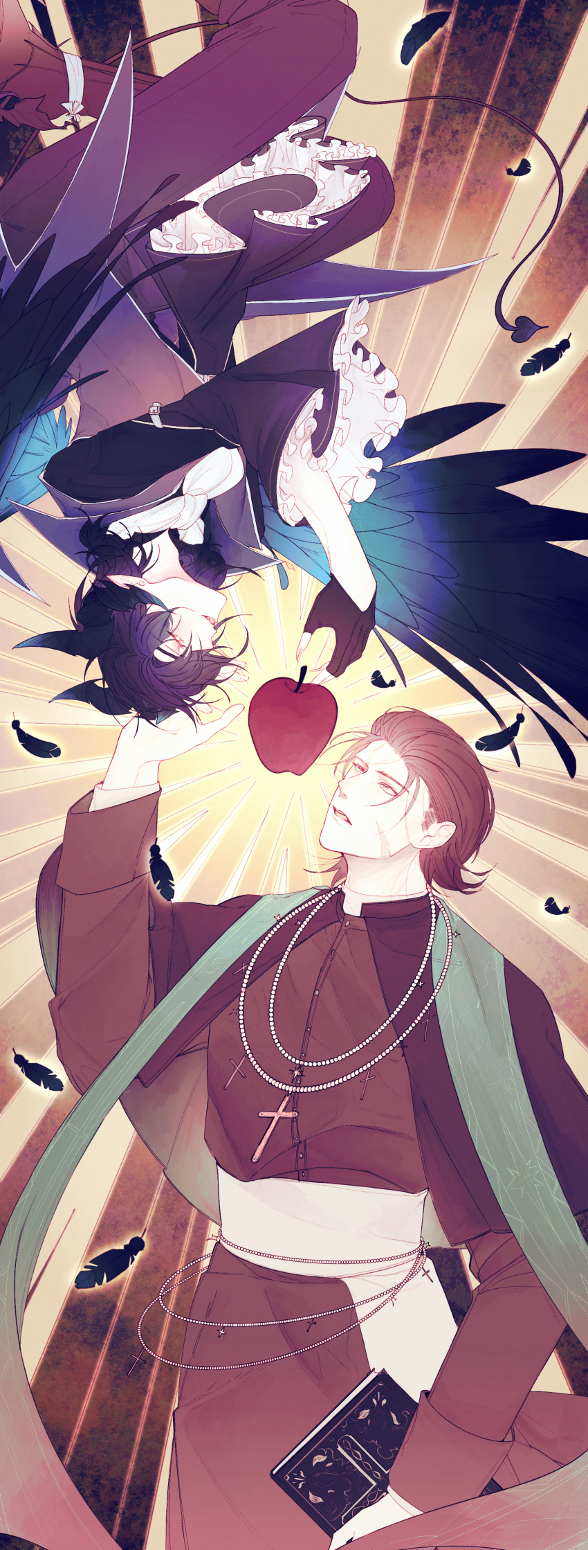 2boys :d absurdres alternate_costume apple black_feathers black_gloves black_wings book brown_hair cross cross_necklace date_masamune_(sengoku_basara) demon_boy demon_horns demon_tail facial_scar feathers fingerless_gloves food frilled_sleeves frills fruit gloves grey_eyes highres hikatwinkle holding holding_book horns jewelry katakura_kojuurou_(sengoku_basara) long_sleeves male_focus multiple_boys necklace open_mouth parted_lips priest scar scar_on_cheek scar_on_face sengoku_basara short_hair smile tail wide_sleeves wings yellow_eyes