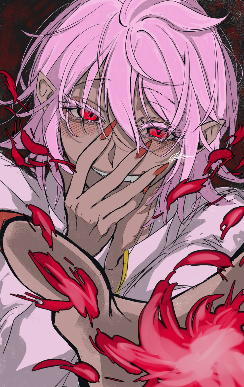 1boy asmodeus_alice blush fang grin hair_between_eyes hand_up highres kr27 looking_at_viewer magic mairimashita!_iruma-kun male_focus pink_hair pointy_ears red_eyes red_nails signature sketch smile solo