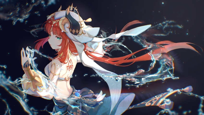 1girl aqua_eyes back back_tattoo bare_back black_background blue_skirt bracer breasts circlet crop_top fake_horns floating_hair from_side genshin_impact gold_trim hand_up harem_outfit highres horns hydrokinesis jewelry long_hair long_sleeves looking_at_viewer low_twintails medium_breasts neck_ring nilou_(genshin_impact) parted_bangs parted_lips profile puffy_long_sleeves puffy_sleeves red_hair sidelocks skirt snowflake_(diodarja) solo tattoo twintails veil vision_(genshin_impact) water white_headwear white_sleeves