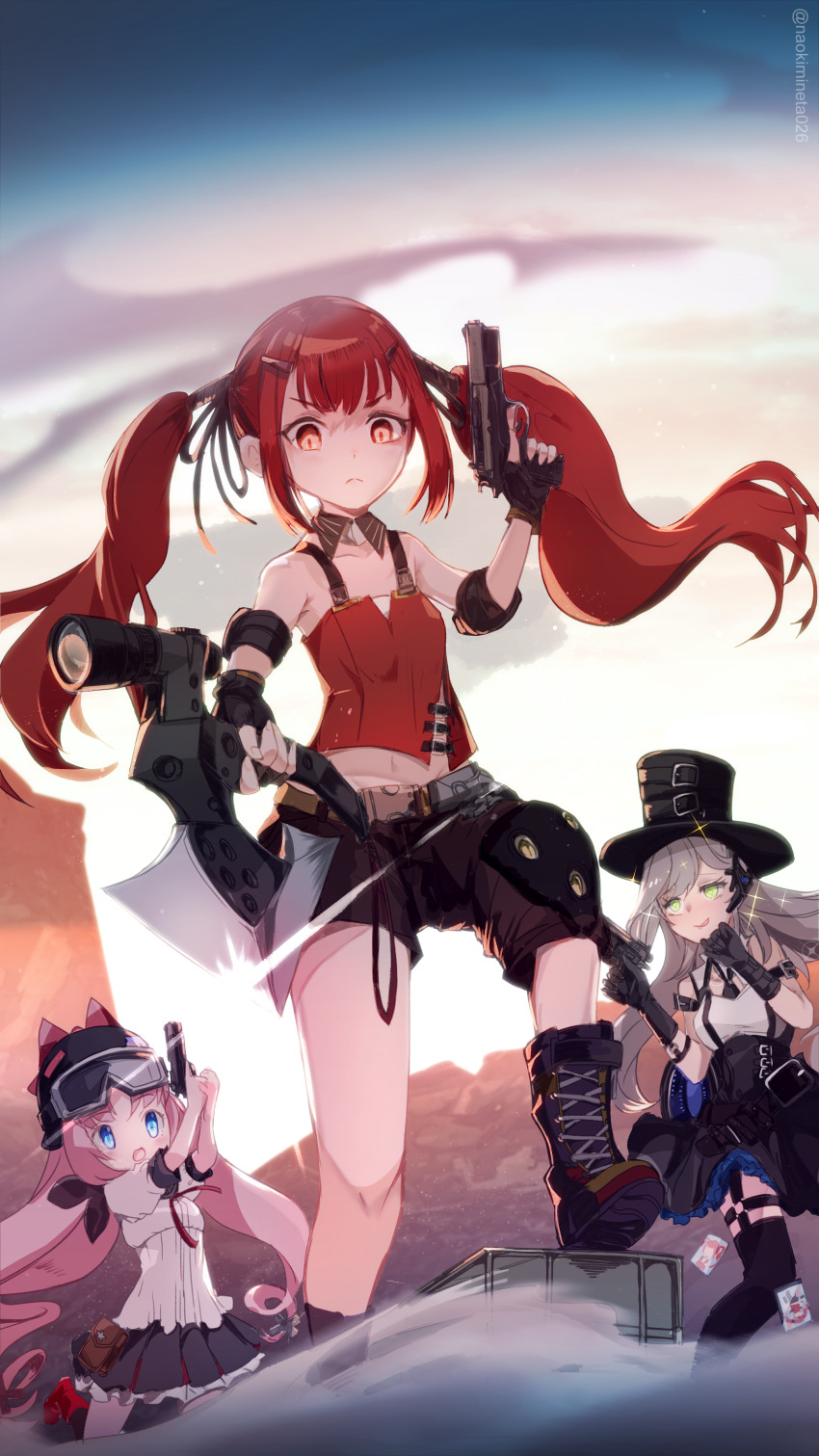 2022 3girls absurdres black_gloves black_socks bren_ten bren_ten_(girls&#039;_frontline) closed_mouth cz75_(girls&#039;_frontline) cz_75 detached_collar dornaus_&amp;_dixon_enterprises dress frown garter_straps girls&#039;_frontline gloves goggles goggles_on_headwear green_eyes grey_hair gun hair_ornament hairpin handgun hat helmet highres holding holding_gun holding_weapon jsl_spitfire kneeling long_hair looking_at_another mineta_naoki multiple_girls open_mouth outdoors pink_hair red_hair scope short_sleeves socks spitfire_(girls&#039;_frontline) standing symbol-shaped_pupils top_hat twintails walking weapon