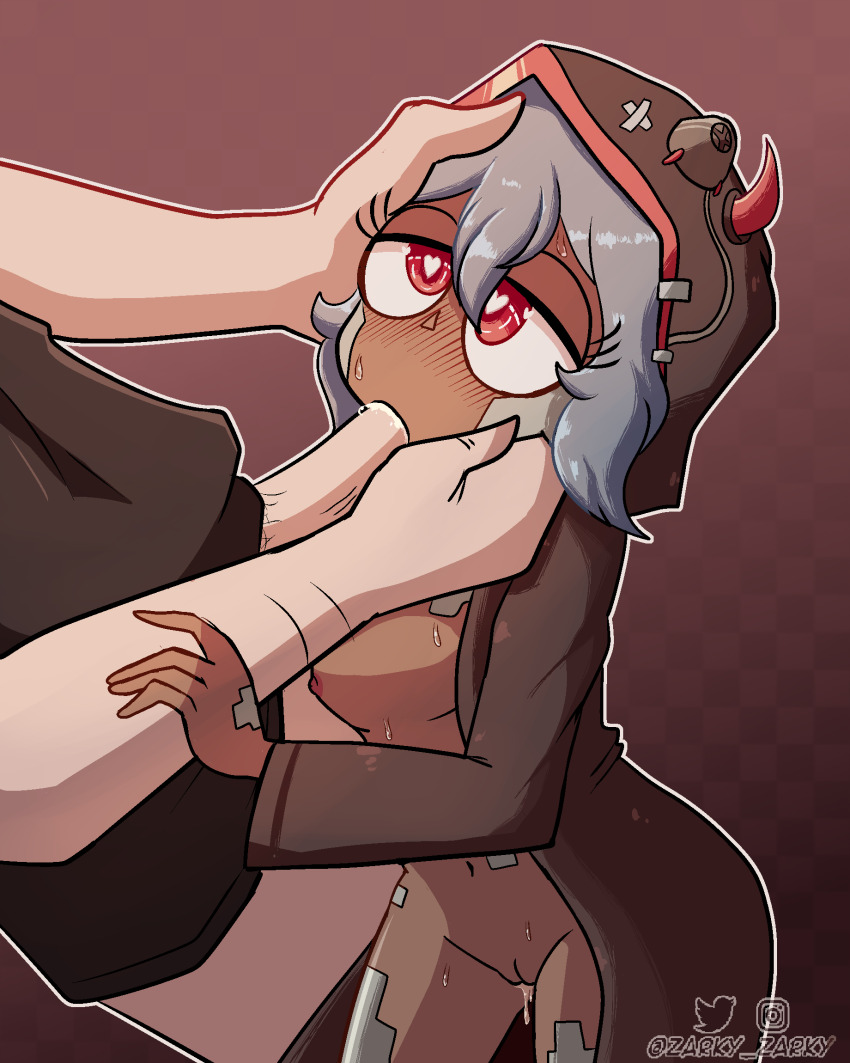 1boy 1girl breasts breasts_out cum cum_in_mouth cytus cytus_ii dark-skinned_female dark_skin fellatio heart heart-shaped_pupils hetero highres holding_detached_head interracial ivy_(cytus) nipples oral pussy_juice red_eyes symbol-shaped_pupils zarky