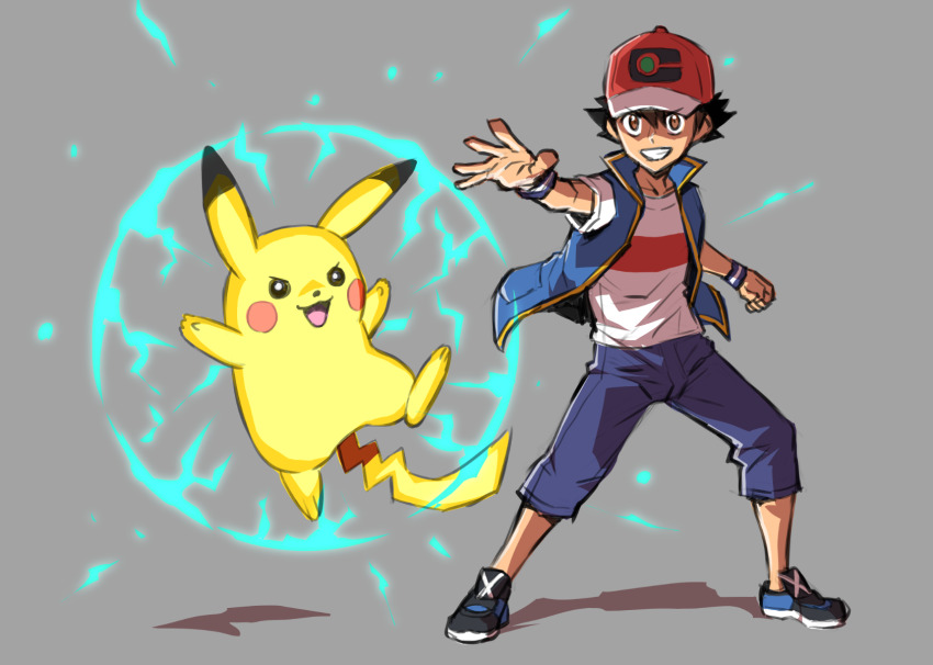 1boy ash_ketchum black_hair black_shoes blue_vest brown_eyes capri_pants clenched_hand commentary_request electricity gen_1_pokemon grey_background grin hat highres male_focus nintendo open_clothes open_vest outstretched_arm pants pikachu pokemon pokemon_(anime) pokemon_(creature) pokemon_journeys red_hat shirt shoes short_hair short_sleeves smile standing t-shirt tachibana_kazumi teeth vest wristband