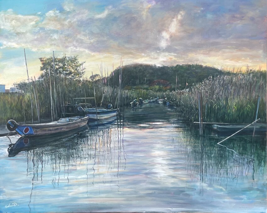 absurdres blue_sky boat canoe cloud cloudy_sky day dusk highres latex_cult motor_vehicle no_humans original reeds reflection reflective_water river riverbank scenery sky tree water watercraft wetland