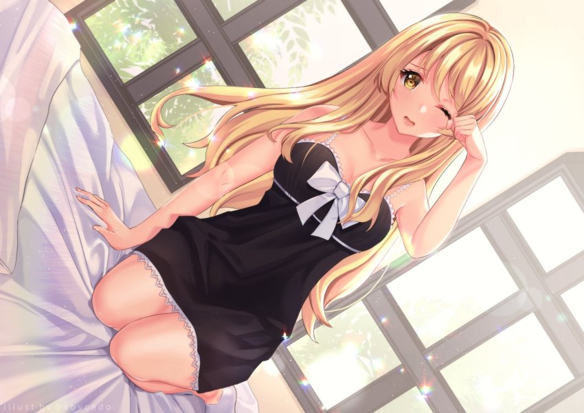1girl alternate_hairstyle ankle_socks ao_no_kanata_no_four_rhythm babycado bare_arms bare_shoulders bed_sheet black_nightgown black_ribbon blonde_hair bow breasts brown_eyes cleavage collarbone commission highres long_hair looking_at_viewer nightgown one_eye_closed open_mouth ribbon rubbing_eyes satouin_reiko sitting sleepy socks wariza white_socks window yawning