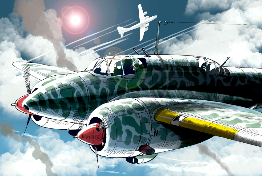 aircraft airplane b-29_superfortress cloud cloudy_sky day flying helmet highres ki-45_kai ki-45_toryu matsuda_juukou military_vehicle original pilot_helmet propeller propeller_fighter silhouette sky sun_glare world_war_ii