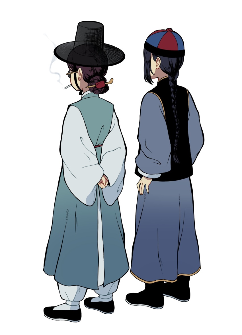 2girls black_hair black_hat braid chinese_clothes cigarette facing_away fingernails flats full_body guapi_mao hair_bun hair_ornament hair_stick hanbok hat highres korean_clothes kuroussa long_fingernails long_hair long_sleeves multiple_girls original robe single_braid smoking white_background