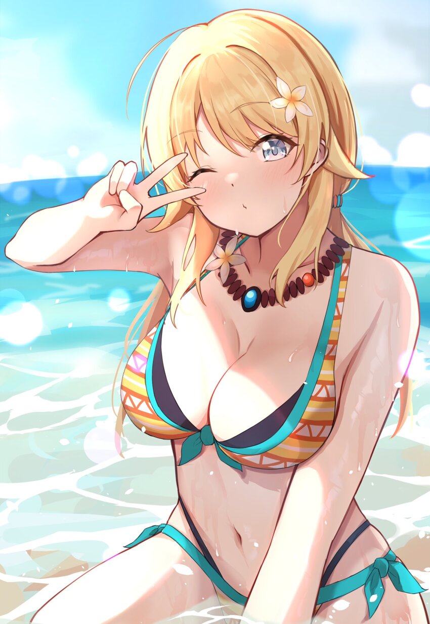 1girl ahoge arm_between_legs asashin_(asn) bare_shoulders beach bikini blonde_hair blue_eyes blue_sky blurry blurry_background blush breasts cleavage closed_mouth collarbone day dot_nose fisheye flower front-tie_bikini_top front-tie_top green_trim hachimiya_meguru hair_flower hair_ornament hand_up highres idolmaster idolmaster_shiny_colors jewelry large_breasts lens_flare heavy_lens_flare long_hair looking_at_viewer low_twintails navel necklace ocean one_eye_closed outdoors side-tie_bikini_bottom sitting sky smile solo swimsuit twintails v white_flower yellow_bikini