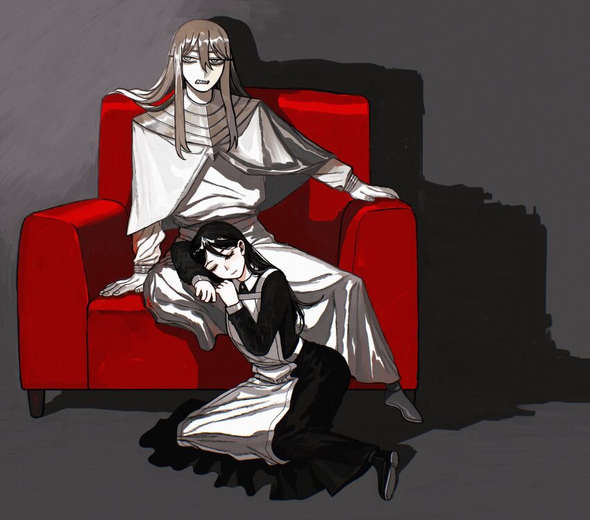 1boy 1girl apron arkos_(centuria) armchair black_hair black_shoes bracer brown_hair capelet centuria_(manga) chair closed_eyes commentary easy_chair gorget grey_eyes hair_between_eyes highres jitome kuramori_tohru lap_pillow long_bangs long_hair looking_to_the_side maid maid_apron official_art reclining resting robe shadow sharp_teeth shoes teeth white_capelet white_robe zira_(centuria)