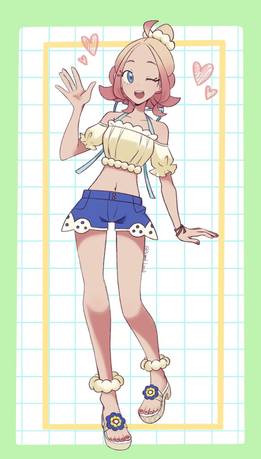 1girl blue_eyes collarbone cosplay denim denim_shorts full_body gradient_hair heart highres midriff multicolored_hair nail_polish navel nintendo one_eye_closed pokemon pokemon_legends:_z-a pokemon_masters_ex primal_lazuli red_nails sandals shorts skyla_(pokemon) skyla_(pokemon)_(cosplay) skyla_(summer_2025)_(pokemon) solo taunie_(pokemon) toenail_polish toenails