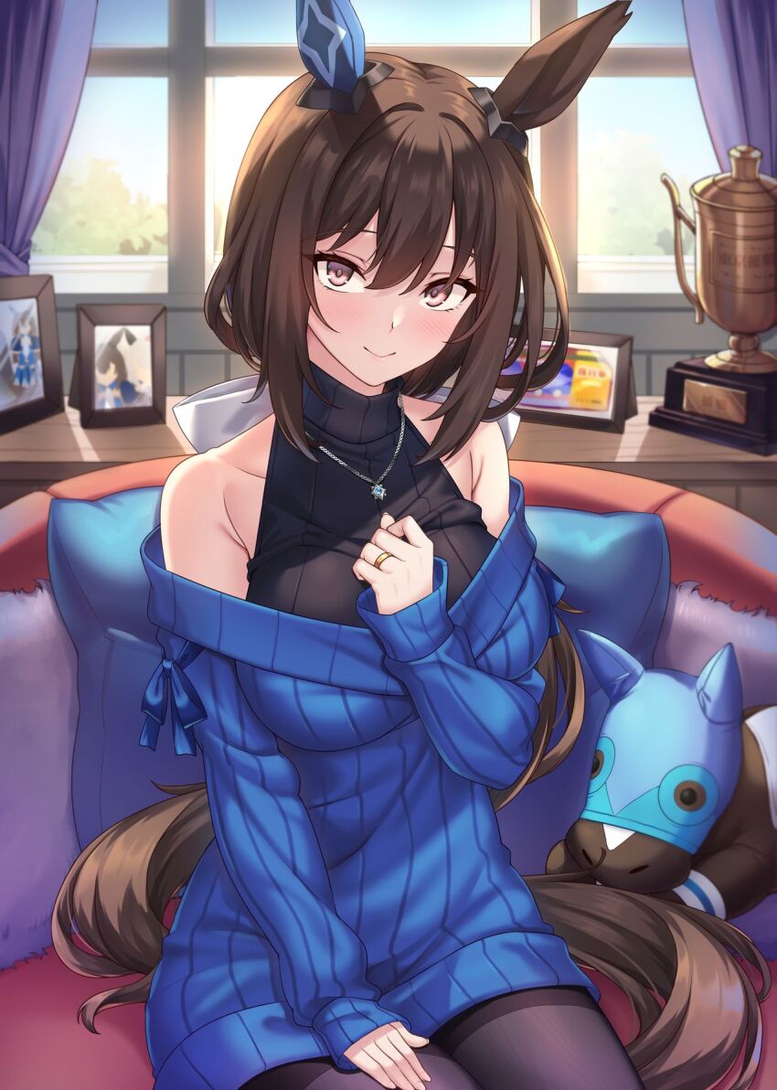 1girl admire_vega_(umamusume) aged_up animal_ears bare_shoulders black_hair black_pantyhose blurry blurry_background blush breasts casual highres horse_ears horse_girl horse_tail jewelry looking_at_viewer medium_breasts necklace pantyhose photo_(object) ponytail purple_eyes ribbed_sweater ring shirokuma_a sitting smile solo stuffed_animal stuffed_horse stuffed_toy sweater tail trophy umamusume wedding_ring window