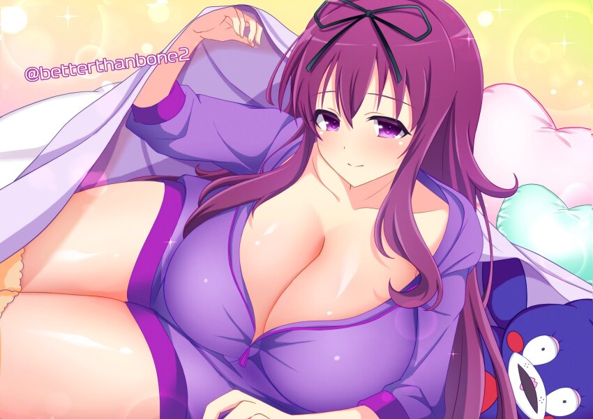absurdres bebe-tan bed_invitation bed_sheet betterthanbone2 blanket blush breasts cleavage hair_ribbon heart heart-shaped_pillow highres holding holding_blanket huge_breasts long_hair looking_at_viewer murasaki_(senran_kagura) pajamas pillow purple_eyes purple_hair purple_pajamas ribbon senran_kagura senran_kagura_shinovi_versus sidelocks sleepwear smile stuffed_animal stuffed_toy
