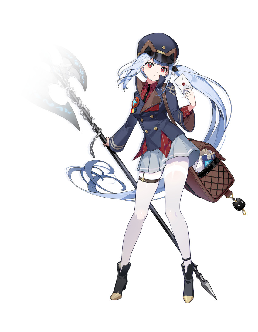 1girl absurdly_long_hair axe bag battle_axe black_boots black_hat black_jacket boots brown_bag closed_mouth collared_shirt dress_shirt drop_shadow envelope floating_hair freesia_(stella_sora) frown full_body garter_straps grey_hair grey_skirt hat highres holding holding_axe holding_envelope holding_weapon jacket long_hair long_sleeves looking_at_viewer messenger_bag miniskirt official_art pantyhose pinstripe_pattern pinstripe_shirt pleated_skirt red_eyes red_shirt second-party_source shirt shoulder_bag simple_background single_garter_strap skirt solo stella_sora thigh_strap transparent_background very_long_hair weapon white_pantyhose