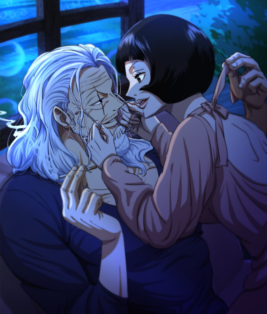 1boy 1girl beard black_hair bob_cut cigarette commentary_request dress eye_contact facial_hair glasses highres holding holding_cigarette husband_and_wife long_hair long_sleeves looking_at_another musasabiop night one_piece removing_eyewear scar scar_across_eye scar_on_face shakuyaku_(one_piece) shirt short_hair silvers_rayleigh smile white_hair