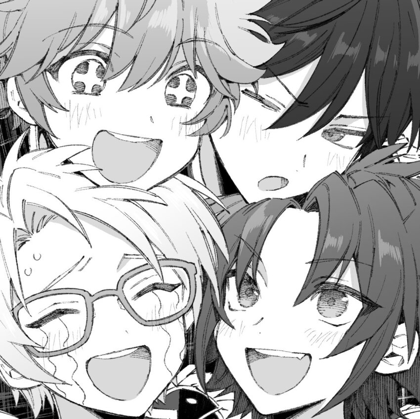 +_+ 4boys akehoshi_subaru close-up closed_mouth crying ensemble_stars! glasses greyscale hair_between_eyes hatching_(texture) hidaka_hokuto isara_mao linear_hatching looking_at_another looking_up maki_keigo male_focus monochrome multiple_boys one_eye_closed open_mouth short_hair smile streaming_tears sweat sweatdrop tears upper_body yuuki_makoto_(ensemble_stars!)