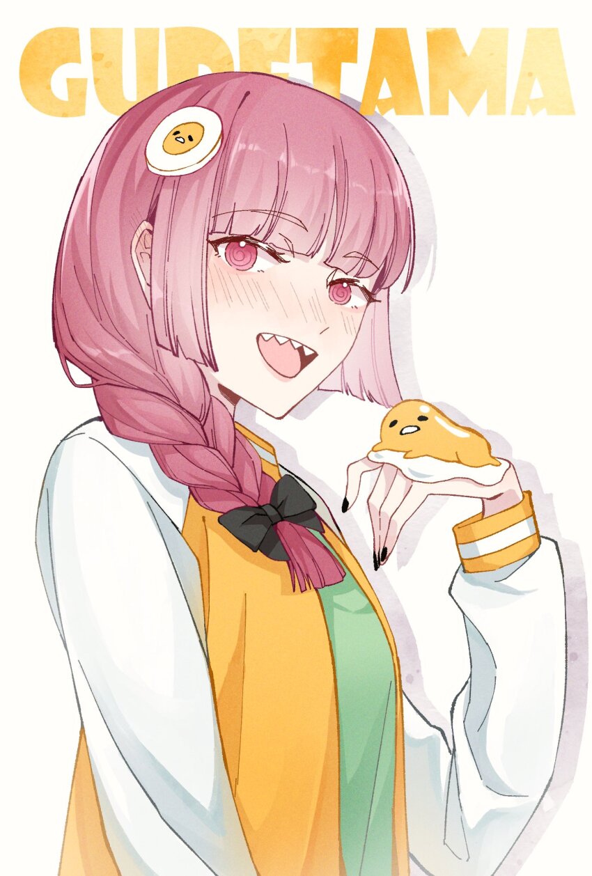 1girl :d black_bow black_nails bocchi_the_rock! bow braid commentary dress egg_hair_ornament egg_yolk english_text food-themed_hair_ornament green_dress gudetama hair_ornament highres hiroi_kikuri jacket long_hair open_mouth orange_jacket over_shoulder purple_eyes purple_hair sanrio sharp_teeth single_braid smile teeth white_background white_jacket yuqiufeng325