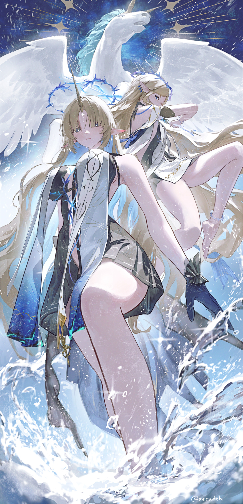 1girl absurdres angel_wings anklet black_collar black_dress blue_eyes blue_hands breasts cartethyia_(wuthering_waves) collar colored_inner_hair commentary crown crown_of_thorns dress dual_persona english_commentary feathered_wings fleurdelys_(wuthering_waves) floating_crown from_below highres horns imperator_(wuthering_waves) jewelry large_breasts long_hair long_horns multicolored_hair pointy_ears single_horn small_breasts splashing tabard tacet_mark_(wuthering_waves) thighs unicorn very_long_hair water white_tabard winged_unicorn wings wuthering_waves yellow_horns zeradok