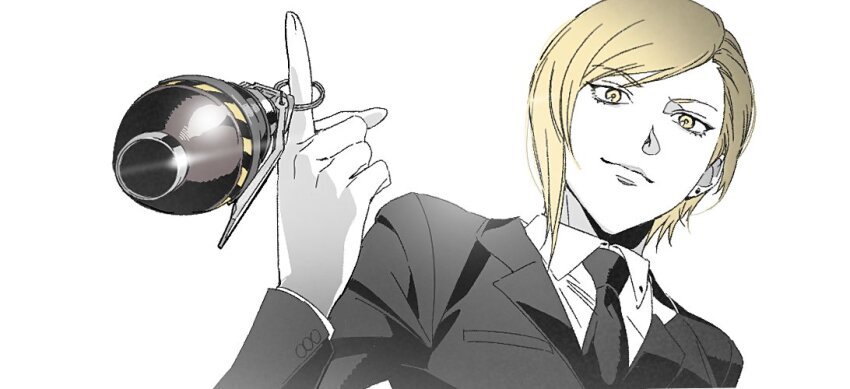 1girl black_jacket black_necktie black_suit blonde_hair closed_mouth collared_shirt commentary earrings elena_(ff7) explosive final_fantasy final_fantasy_vii final_fantasy_vii_remake formal_clothes grenade hair_behind_ear holding holding_grenade index_finger_raised jacket jewelry long_sleeves looking_at_viewer necktie peonrin shirt short_hair solo stud_earrings suit swept_bangs turks_(ff7) upper_body white_background white_shirt yellow_eyes