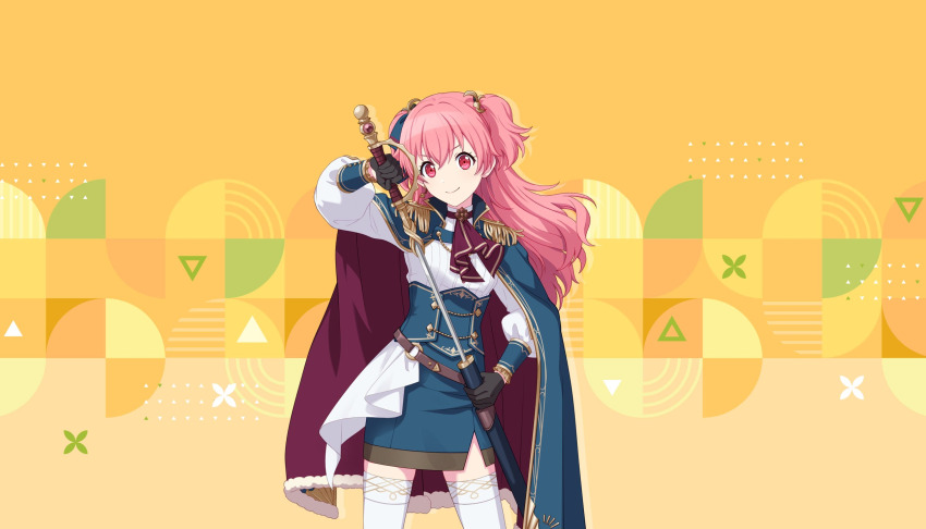 1girl aiguillette ascot belt brown_belt cape colorful_palette cowboy_shot epaulettes fur-trimmed_cape fur_trim green_cape green_skirt hair_ornament high-waist_skirt highres holding holding_sheath holding_sword holding_weapon long_hair looking_at_viewer momoi_airi official_art patterned_background pink_eyes pink_hair pleated_shirt project_sekai red_ascot red_cape relax_teatime_(project_sekai) sheath shirt skirt smile solo sword tachi-e thighhighs third-party_source twintails two-sided_cape two-sided_fabric unsheathing weapon white_shirt white_thighhighs yellow_background