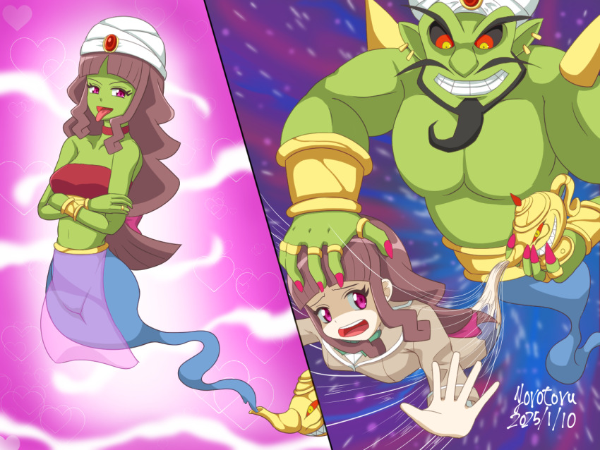 1girl 2025 artist_name black_sclera breasts brown_hair colored_sclera colored_skin corruption crossed_arms dated digimon digimon_ghost_game earrings genie genie_lamp green_skin jewelry lamp lampmon long_hair medium_breasts open_mouth pink_eyes red_eyes red_nails ring sidelocks suction tongue tongue_out transformation tsukiyono_ruli turban yorotoru