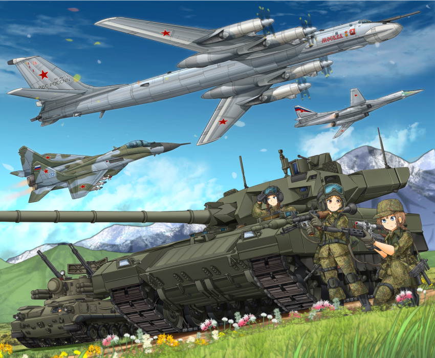 2k22_tunguska 2others 3girls aircraft airplane anti-aircraft anti-aircraft_gun blue_eyes bomber brown_hair bullpup cloud day eyebrows_visible_through_hat eyebrows_visible_through_headband fighter_jet flower full_body gloves goggles goggles_on_head goggles_on_headwear grass gun hat heavy_bomber helmet highres holding holding_gun holding_weapon knee_pads long_sleeves machine_pistol mig-29 mikeran_(mikelan) military military_combat_uniform military_fatigues military_uniform military_vehicle motor_vehicle mountain mountainous_horizon multiple_girls multiple_others original outdoors penetrator_(aircraft) pp-91_kedr rifle rocket_launcher rpg_(weapon) self-propelled_anti-aircraft-gun self-propelled_anti-aircraft_weapon self-propelled_gun short_hair sky standing star_(symbol) strategic_bomber submachine_gun sweatdrop t-14_armata tank tu-160 tu-95 vehicle_focus weapon