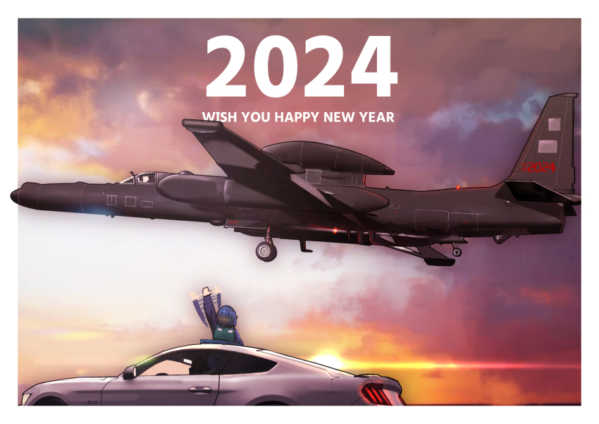 1girl 2024 aircraft airplane blue_hair car cloud cloudy_sky copyright_request english_text flying ford_mustang ford_mustang_s550 happy_new_year highres motor_vehicle new_year orange_sky short_hair sky solo timmyyen u-2_dragon_lady vehicle_focus vehicle_request waving wheel
