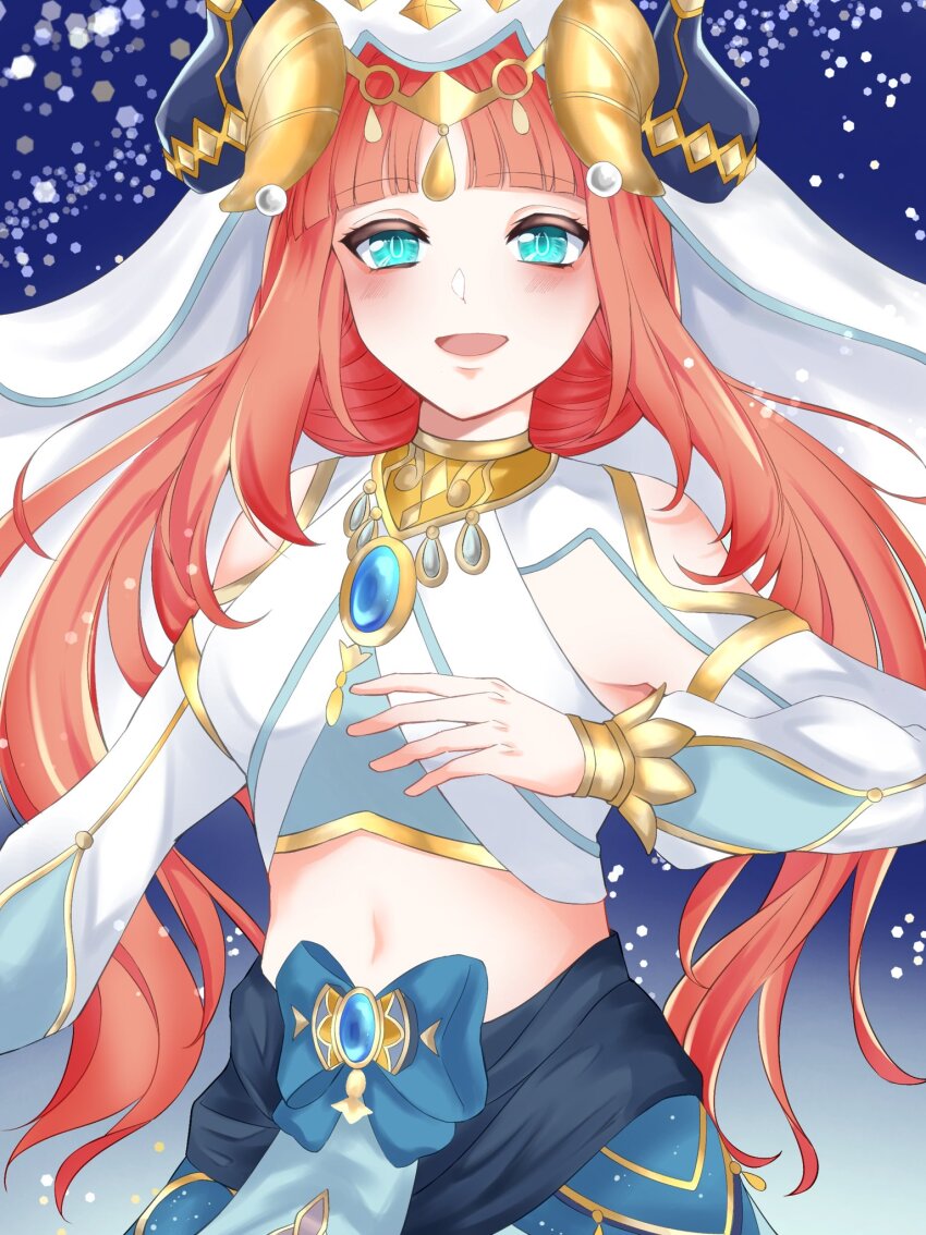 1girl ankome_3 arabian_clothes arm_at_side black_horns blue_bow blue_eyes blue_gemstone blunt_bangs blush bow circlet clothing_cutout cropped_dress dress eyelashes fake_horns gem genshin_impact gold_circlet gold_horns gold_trim hand_up harem_outfit highres horns long_hair looking_at_viewer low_twintails midriff navel nilou_(genshin_impact) open_hand open_mouth parted_bangs red_hair shoulder_cutout solo straight-on twintails upper_body veil white_dress white_sleeves white_veil