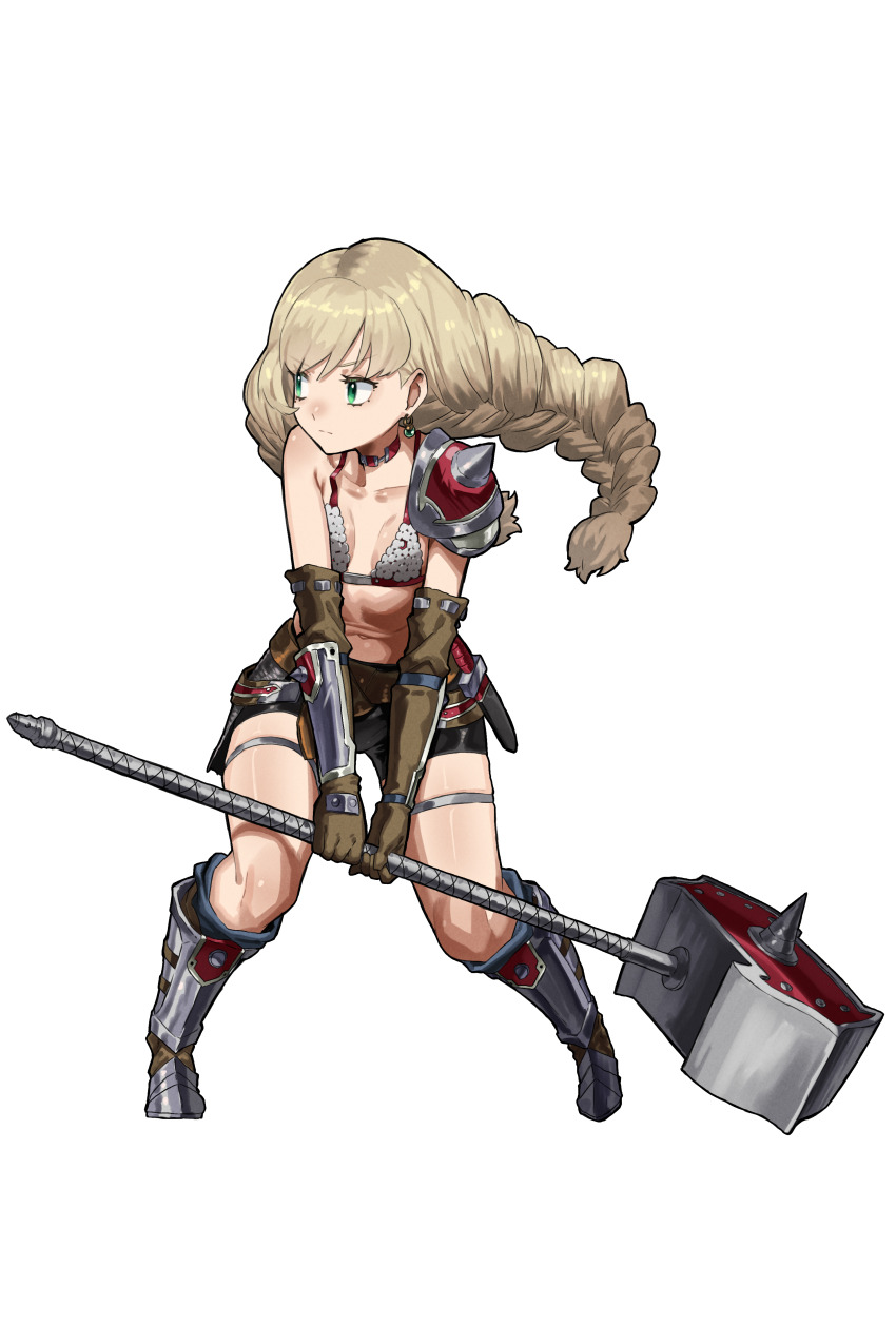 1girl absurdres armor armored_boots belt bikini_armor black_shorts blonde_hair boots braid breasts brown_belt brown_gloves choker closed_mouth commentary earrings ekrea_jan elbow_gloves gloves green_eyes highres holding holding_mallet jewelry knife knife_sheath leaning_forward long_hair looking_to_the_side mallet navel original pauldrons red_choker sheath shorts shoulder_armor simple_background single_pauldron small_breasts solo standing stomach thighlet twin_braids two-handed vambraces white_background