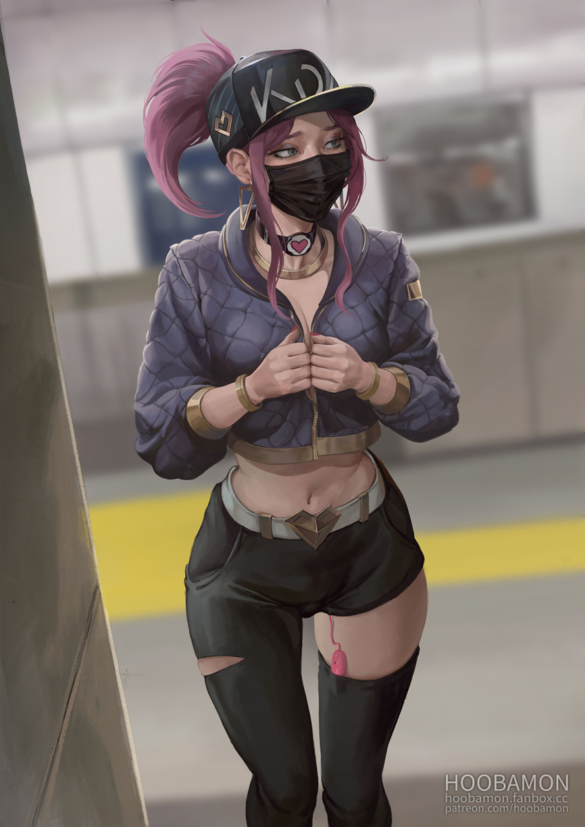 1girl akali baseball_cap belt black_choker black_mask blue_eyes choker cropped_jacket hat heart heart_choker high_ponytail highres hoo_bamon k/da_(league_of_legends) k/da_akali league_of_legends mask mouth_mask official_alternate_costume ponytail purple_hair sex_toy single_thighhigh solo standing thighhighs vibrator vibrator_cord vibrator_in_thighhighs white_belt