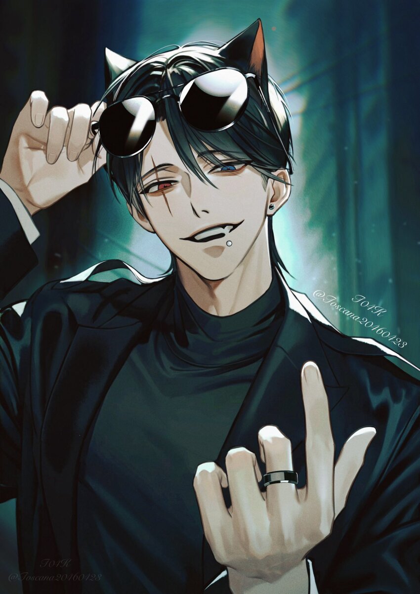 1boy animal_ears artist_name black_hair black_jacket black_sweater blue_eyes blurry blurry_background cat_ears commentary earrings english_commentary eyewear_on_head fang fingernails hair_between_eyes heterochromia highres holding holding_removed_eyewear index_finger_raised jacket jewelry light_particles looking_down male_focus mouth_piercing open_mouth original outdoors red_eyes ring scar scar_across_eye scar_across_eyebrow scar_on_face short_hair solo sunglasses sweater teeth toscana20460423 turtleneck turtleneck_sweater twitter_username unworn_eyewear upper_body upper_teeth_only
