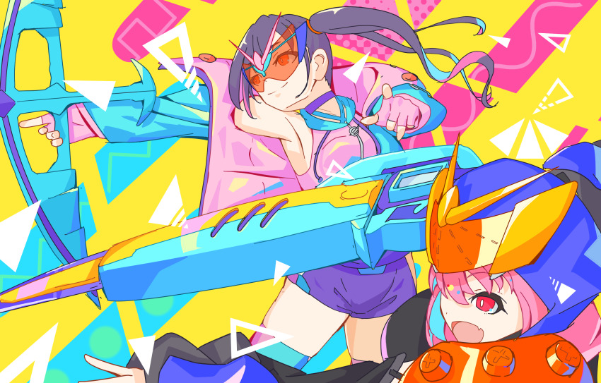 2girls adapted_costume animal_hood armor black_jacket blue_eyes blue_footwear blue_scarf bohi_yamage boots bow_(weapon) breasts brown_hair cosplay extra_eyes fingerless_gloves gloves highres hood idolmaster idolmaster_cinderella_girls jacket japanese_armor kamakiri_genome kamen_rider kamen_rider_revi kamen_rider_revice kamen_rider_vice medium_breasts multicolored_legwear multiple_girls orange_armor orange_eyes pink_armor pink_boots pink_scarf praying_mantis purple_shorts revicelasher rider-tan samurai scarf shorts sunazuka_akira sunglasses thighhighs tinted_eyewear tokusatsu visor vistamp weapon yumemi_riamu