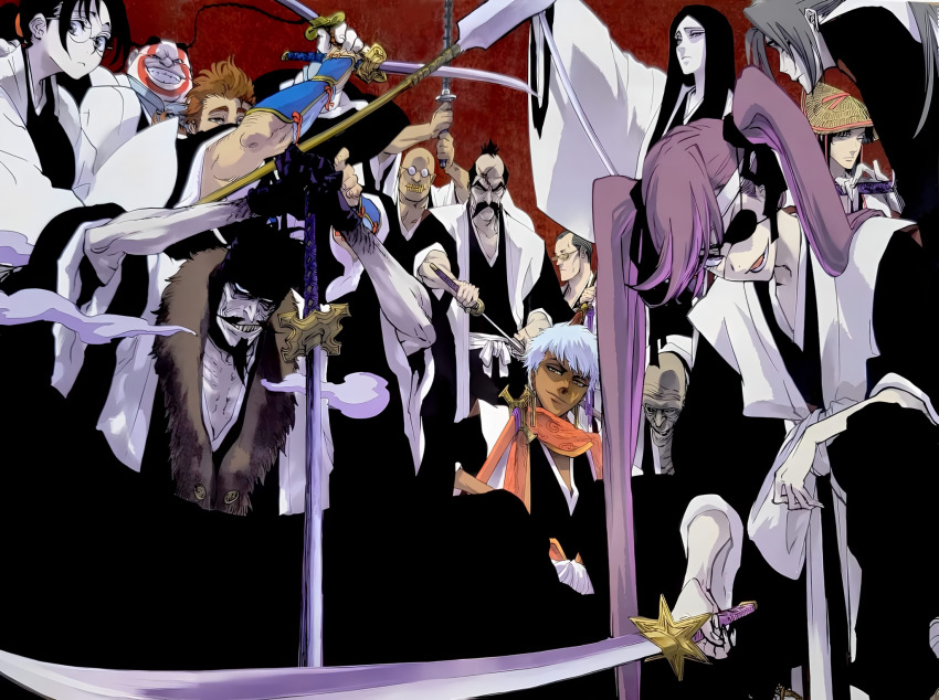 3girls 6+boys arm_hair bald black_hair black_kimono bleach bleach:_sennen_kessen-hen braid braided_pigtails brown_hair colored_skin cross_scar dark-skinned_male dark_skin ear_piercing earrings eyepatch facepaint facial_hair glasses gold_teeth grey_eyes grey_hair group_picture hairy haori hat headband highres izuhara_kinroku japanese_clothes jewelry katori_batsuunsai kimono kubo_tite kumoi_entetsu long_hair multiple_boys multiple_girls obana_danjirou obi official_art old old_man orange_ribbon outogawa_furuoki paint paint_splatter paint_splatter_on_face painted_face piercing polearm purple_hair red_background ribbon ribs saitou_furoufushi sakahone_saizou sash scar scar_on_face scar_on_head scarf shigyou_nobutsuna shihakusho shihouin_chika shijima_chigiri shinigami soul_reaper source_request spear straw_hat sword tagme twintails unohana_retsu weapon white_hair white_skin wrinkled_skin yamamoto-genryuusai_shigekuni yari zanpakutou zenjouji_uhin