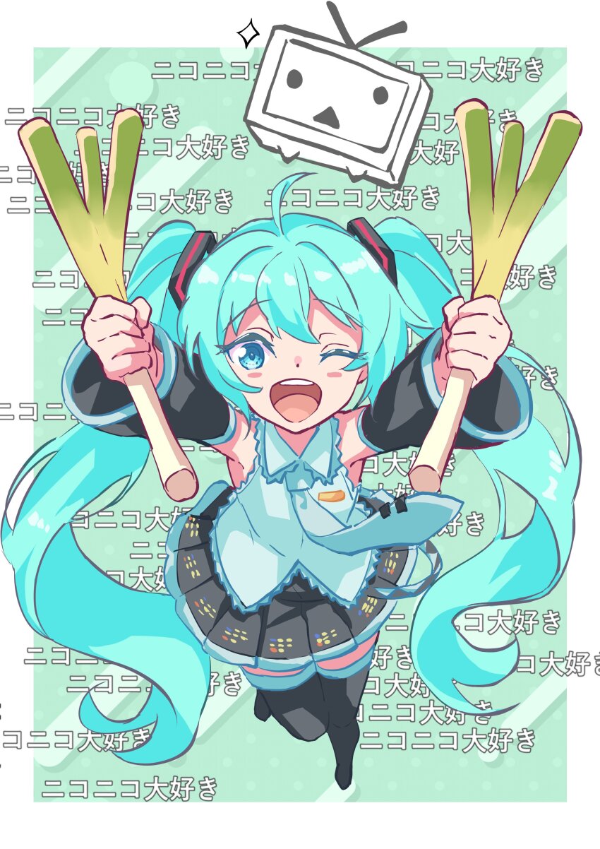 1girl 2024_niconico_cyberattack absurdres ahoge arms_up black_boots black_skirt black_sleeves blue_eyes blue_hair blue_necktie blue_shirt blush_stickers boots collared_shirt commentary danmaku_comments detached_sleeves dual_wielding full_body hatsune_miku highres holding long_hair long_sleeves looking_at_viewer miniskirt necktie niconico no_renor_en one_eye_closed open_mouth pleated_skirt round_teeth shirt skirt smile solo sparkle teeth television terebi-chan thigh_boots translated twintails upper_teeth_only very_long_hair vocaloid