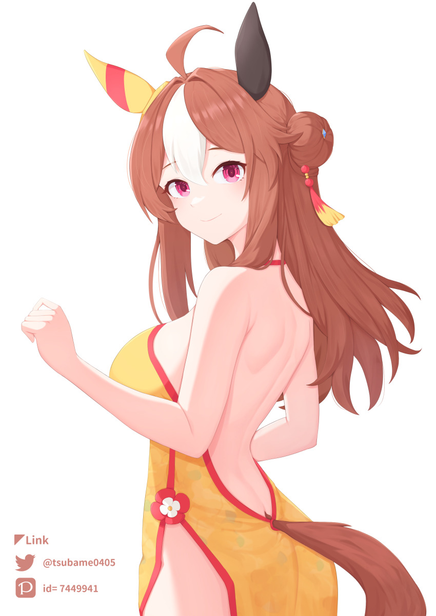 1girl absurdres ahoge animal_ears back bare_shoulders breasts china_dress chinese_clothes closed_mouth clothing_cutout commentary_request copano_rickey_(umamusume) double_bun dress ear_covers ear_ornament hair_between_eyes hair_bun hair_ornament highres horse_ears horse_girl horse_tail long_hair medium_breasts multicolored_hair pelvic_curtain shoulder_blades sideboob simple_background smile solo streaked_hair tail tail_through_clothes tassel tassel_hair_ornament tsubame_tien twitter_username umamusume white_background