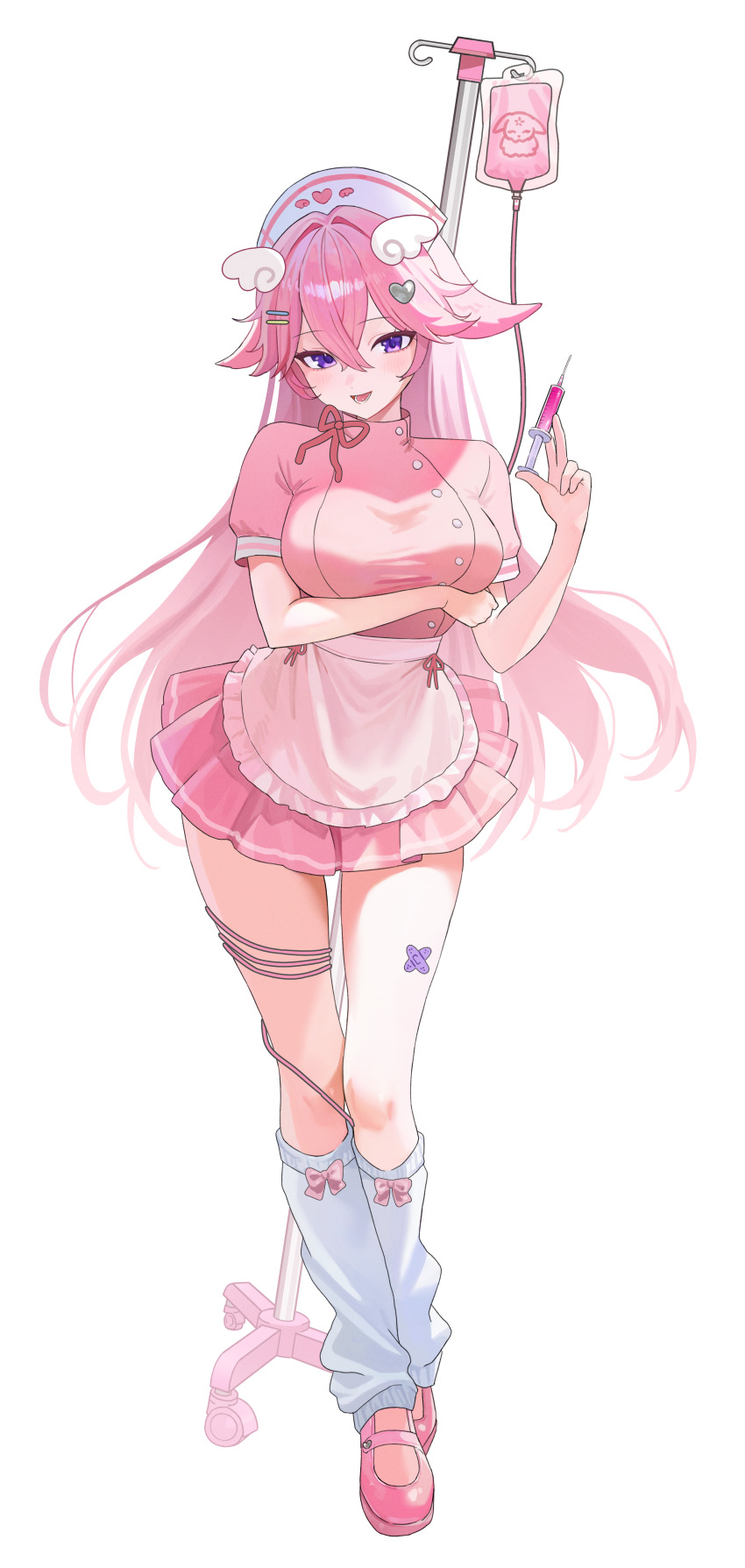 1girl absurdres alternate_costume animal_ears bandaid bandaid_on_leg breasts dress fox_ears fox_girl full_body genshin_impact hat highres holding holding_syringe intravenous_drip large_breasts leg_warmers long_hair nurse nurse_cap open_mouth pink_dress pink_hair pink_shoes shoes simple_background smile solo standing syringe white_background white_leg_warmers yae_miko yamu_(yamu_030)