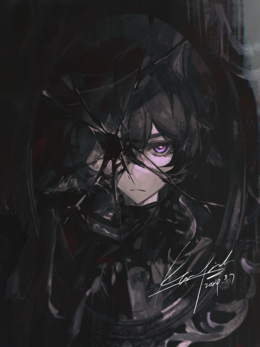 1boy animal_ears arknights black_hair broken_mirror chinese_commentary commentary dated ebenholz_(arknights) goat_ears goat_horns hair_between_eyes hand_over_eye hand_up highres horns light_frown looking_at_viewer male_focus mirror one_eye_covered purple_eyes rainfish reflection reflection_focus shattered signature solo straight-on