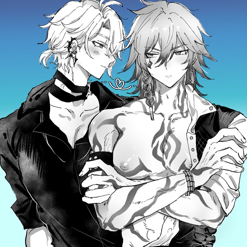 2boys black_shirt braid closed_mouth collarbone collared_shirt crossed_arms earclip facial_tattoo greyscale hair_between_eyes heart highres honkai:_star_rail honkai_(series) light_blush looking_at_another looking_to_the_side male_focus medium_hair monochrome multiple_boys muscular mydei_(honkai:_star_rail) nipples open_clothes open_shirt parted_bangs phainon_(fashion)_(honkai:_star_rail) phainon_(honkai:_star_rail) shirt short_hair smile tattoo tyamesi_s_t_r upper_body