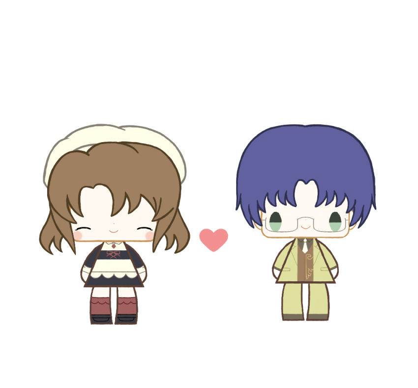 07th_expansion 1boy 1girl ^_^ bad_id bad_pixiv_id blue_hair brown_hair chibi closed_eyes closed_eyes glasses hat heart ichigo_kocha maid necktie no_naku_koro_ni_(series) shannon_(umineko) smile umineko_no_naku_koro_ni ushiromiya_george