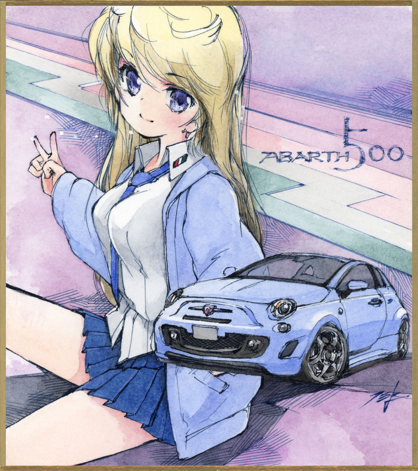 1girl abarth between_breasts blue_hoodie blue_necktie blue_skirt border breasts brown_border car collared_shirt artistic_error fiat_500 fiat_500_abarth grey_shirt head_tilt hi_fumiyo highres hood hood_down hoodie italian_flag long_hair looking_at_viewer medium_breasts motor_vehicle necktie necktie_between_breasts original personification pleated_skirt shadow shirt signature skirt smile solo traditional_media v vehicle_and_personification vehicle_name very_long_hair