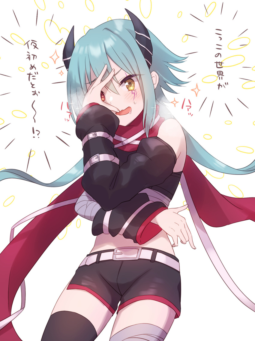 1girl anna_(princess_connect!) asymmetrical_sleeves bandaged_arm bandaged_leg bandages bare_shoulders black_shirt black_shorts black_sleeves black_thighhighs blue_hair detached_sleeves drooling gucchiann hair_between_eyes hand_up heterochromia highres horns long_hair long_sleeves open_mouth princess_connect! puffy_long_sleeves puffy_sleeves red_eyes red_scarf saliva scarf shirt short_shorts shorts single_thighhigh sleeveless sleeveless_shirt solo sparkle thighhighs translation_request very_long_hair wavy_mouth yellow_eyes