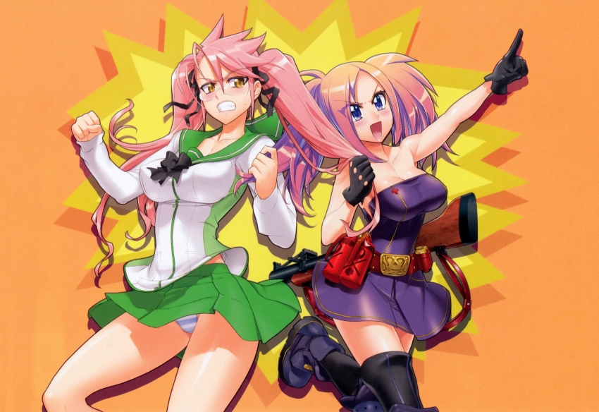 2girls absurdres black_legwear break-action_grenade_launcher breasts cleavage company_connection crossover female_focus grabbing_another&#039;s_hair grenade_launcher highres highschool_of_the_dead m79 multiple_girls nashida_oriha orange_background panties satou_shouji simple_background striped_clothes striped_panties takagi_saya thighhighs triage_x underwear weapon