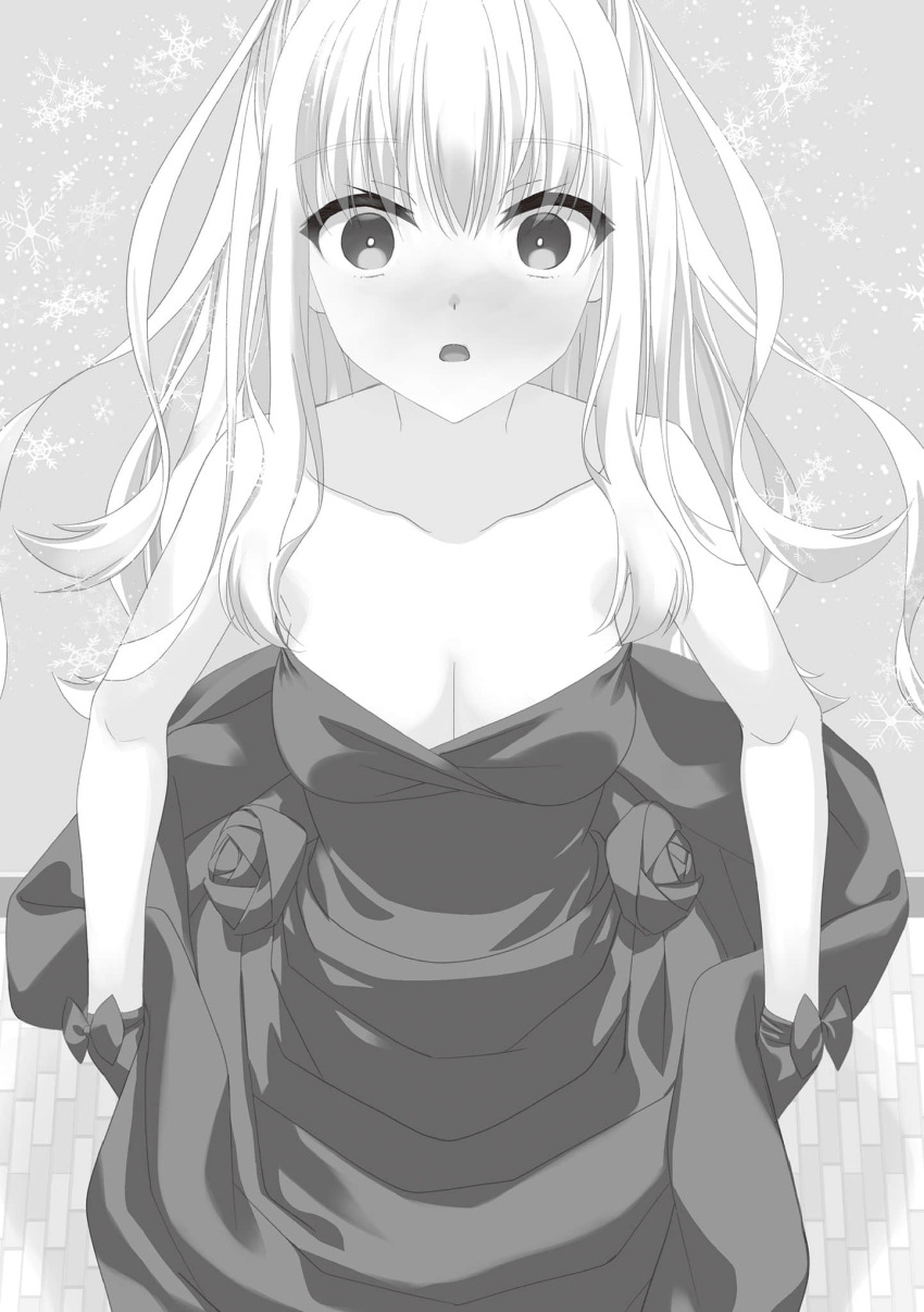embarrassed hand_under_clothes hand_under_dress hidan_no_aria highres jeanne_d&#039;arc_(hidan_no_aria) long_hair monochrome novel_illustration official_art open_mouth sitting snowflakes strapless toilet toilet_use tube_top